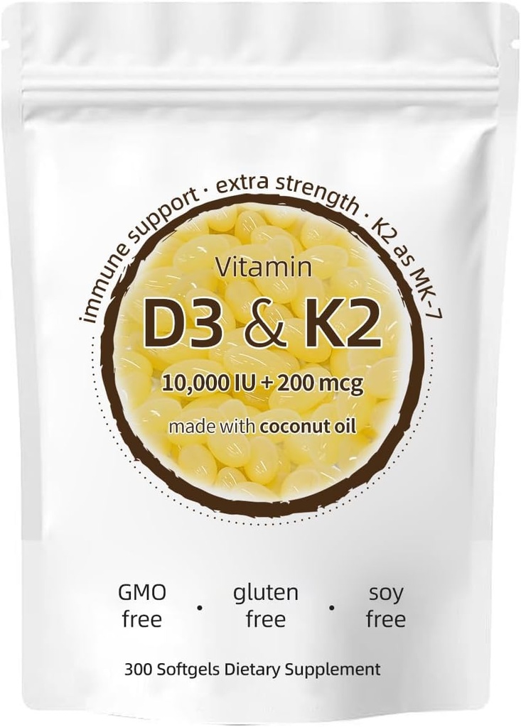 ビタミンD3 K2サプリメント、10000 IU D3 + 200 MCG K2、300 Softgels、非GMO、グルテンフリー