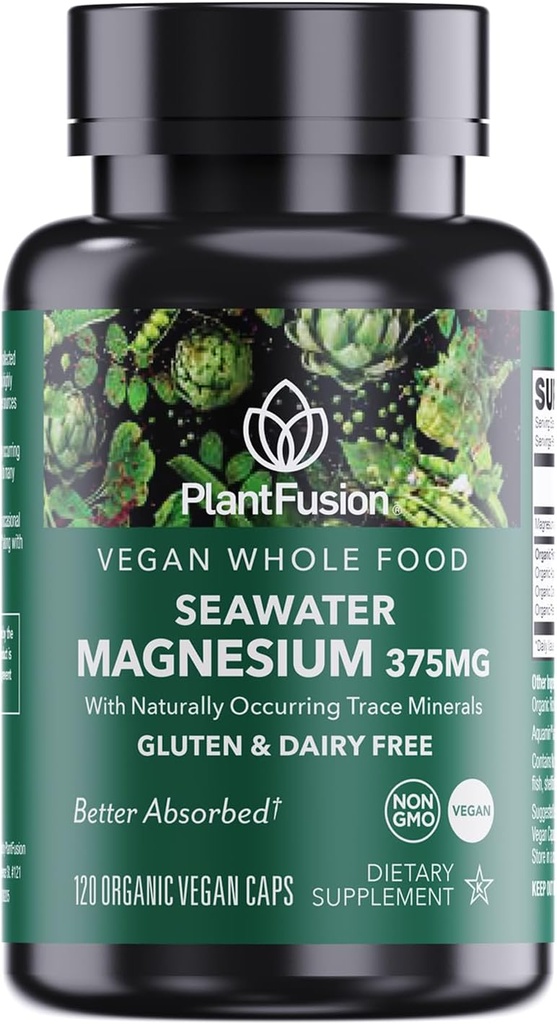 PlantFusion ビーガンマグネシウムコンプレックス 海水から 375 mg, 発酵有機全食品ブレンドとバイオ利用できる海洋マグネシウム, 非GMO, 筋肉 & リラックスサポート, 120 キャップ