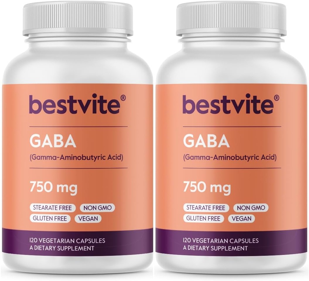 BESTVITE GABA 750mg/カプセル(240 ベジタリアンカプセル)(120 x 2) - ない Stearates - いいえフィラー - ビーガン - グルテンフリーGMO