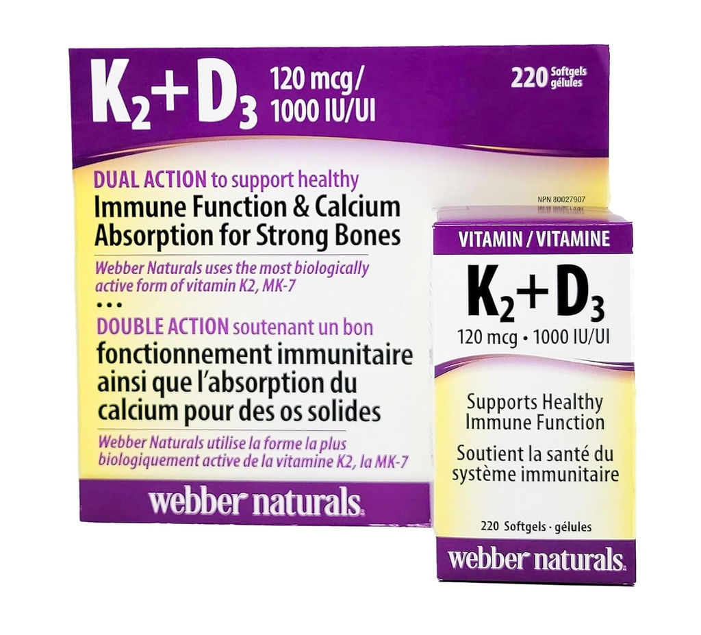 Webber Naturals K2 + D3 120 mcg/1000 IU、サポート健康な免疫機能 - 220 Softgels
