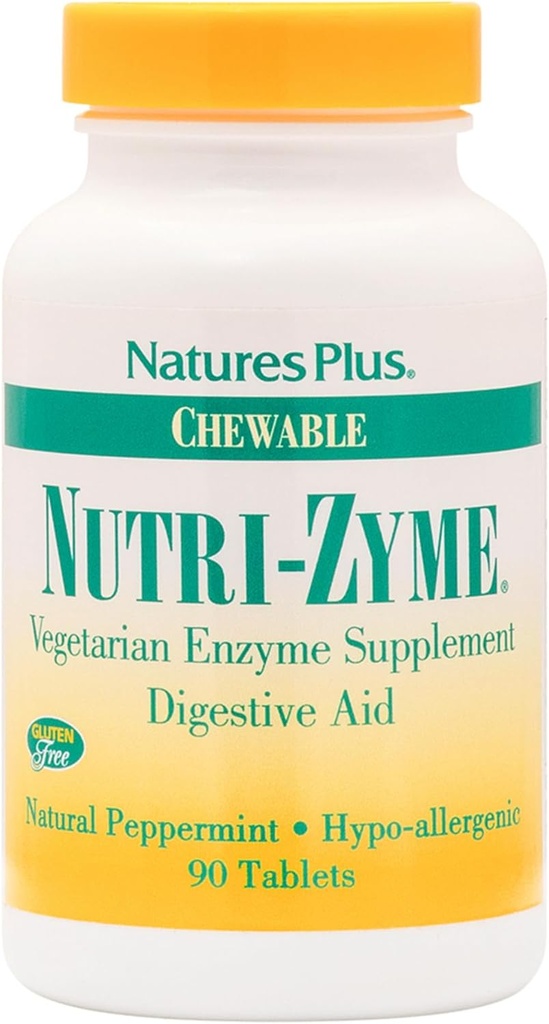 NaturesPlus Nutri Zyme - 90 Chewable Tablets, Peppermint Flavor - Vegetarian Enzyme Supplement with Bromelain & Papain, Natural Digestive Aid - Gluten-Free - 45 Servings