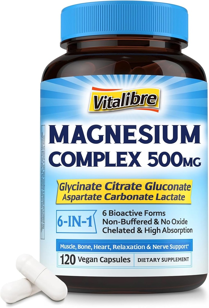 マグネシウムコンプレックス500mg、6 in 1ケレートマグネシウムグリシン酸塩、クエン酸塩、アスパラギン酸塩、グルコン酸塩及び乳液、睡眠及びカルムのための最高の吸収の補足、120のビーガン帽子、Magnesioの酸化物無し