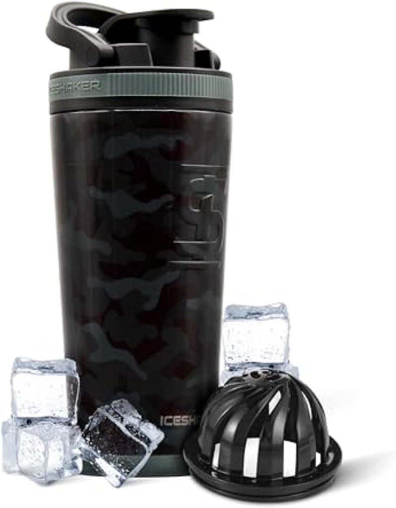 アイスシェーカー絶縁ステンレスシェーカーボトル | 26oz, ブラックカモ | 30時間冷え | ツイストオンアジテーター付き断熱カップ | たんぱくしゃく・水・スムージー・カクテル
