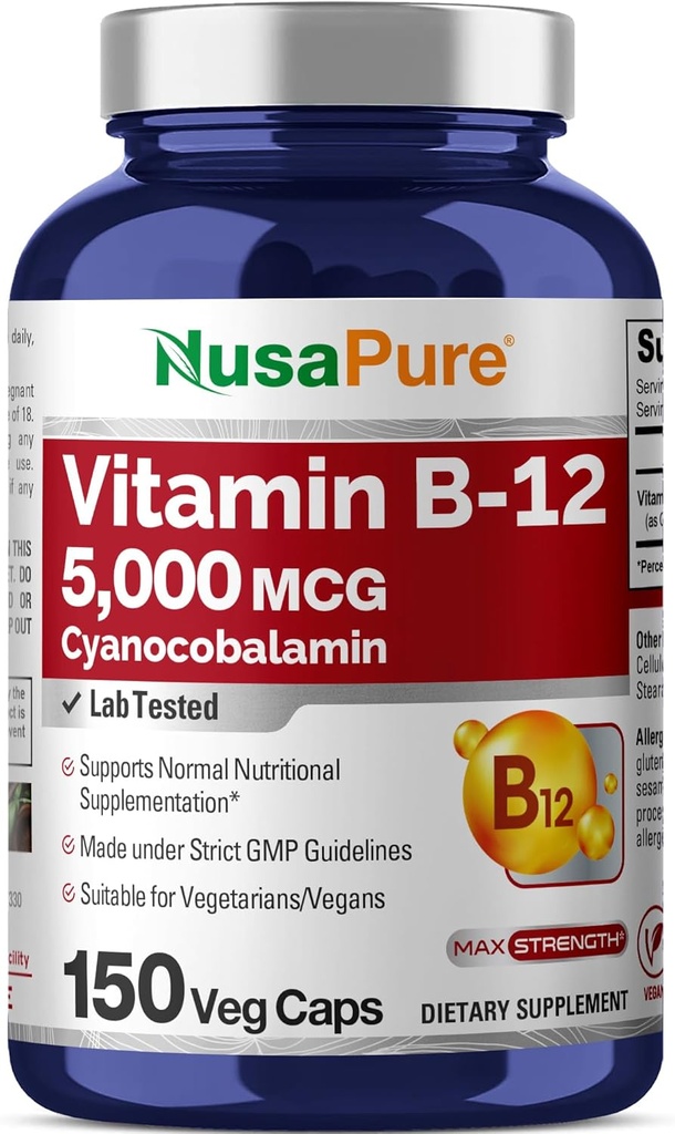 ヌサピュアビタミンB12-5000 MCG 150 ベジギーカプセル(非GMO、ビーガン) - 最大強度ビタミンB12