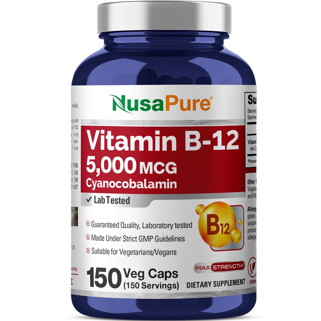 ヌサピュアビタミンB12-5000 MCG 150 ベジギーカプセル(非GMO、ビーガン) - 最大強度ビタミンB12