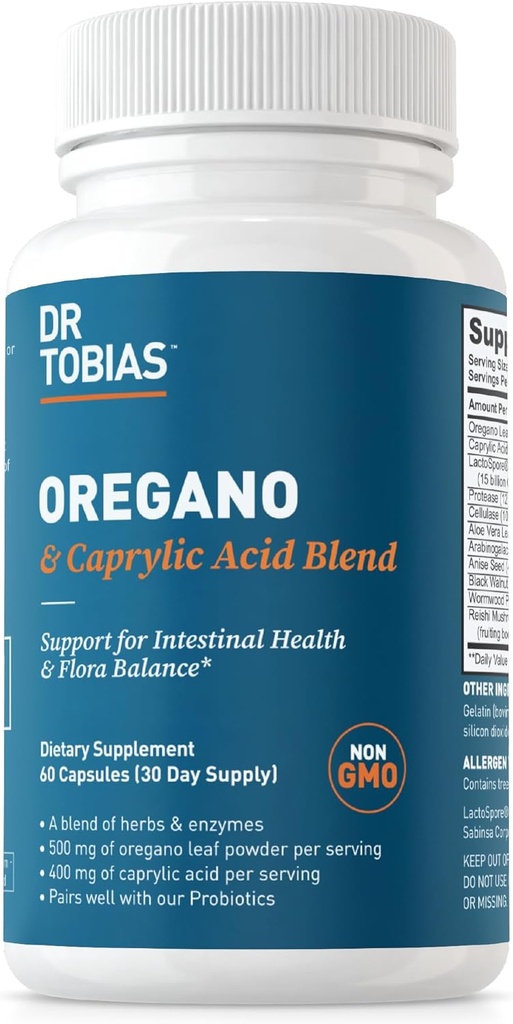 Dr. Tobias Oregano and Caprylic Acid Blend, Gut Flora Balance Complex with Probiotics & Enzymes for Intestinal and Immune Support, Gut Health Supplements for Women & Men, 60 Capsule, 30 サービング