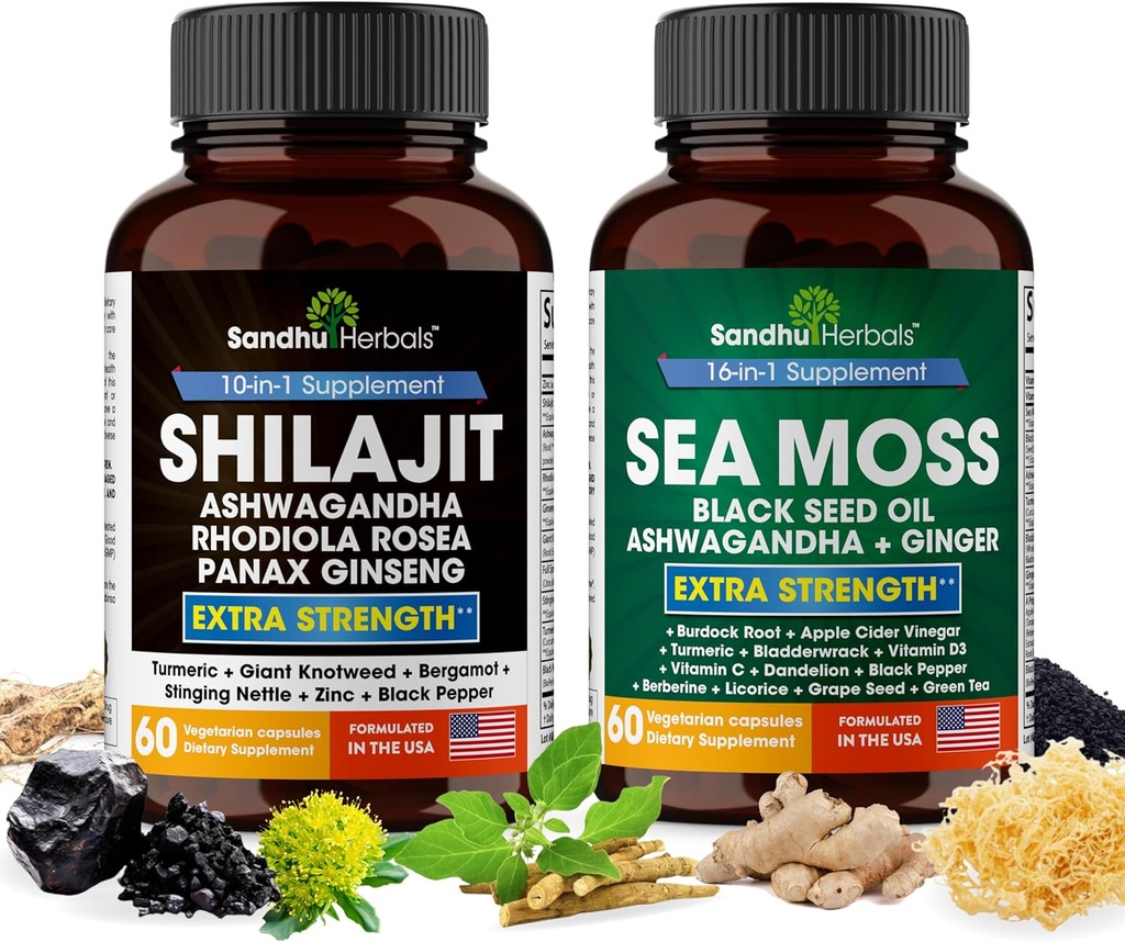SANDHUHERBALS Sandhu Herbals Bundle - 海苔、シラジット、ブラックシードオイル、アッシュワガンダ、ジンジャー、Rhodiola Rosea、Panax Ginseng、Stinging Nettle