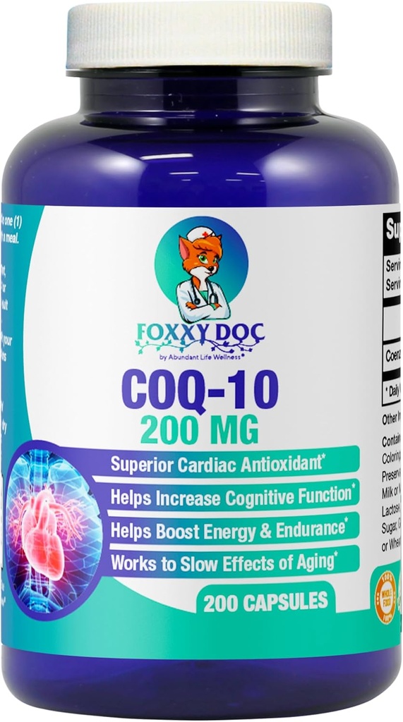 CoQ10 - Co-Enzyme Q10-200 mg - 高吸収 - 2キャップあたり400mg - 非GMO -グルテンフリー - 200ベジー。キャップ - 心と細胞のサポート - Foxxy Docによって米国製