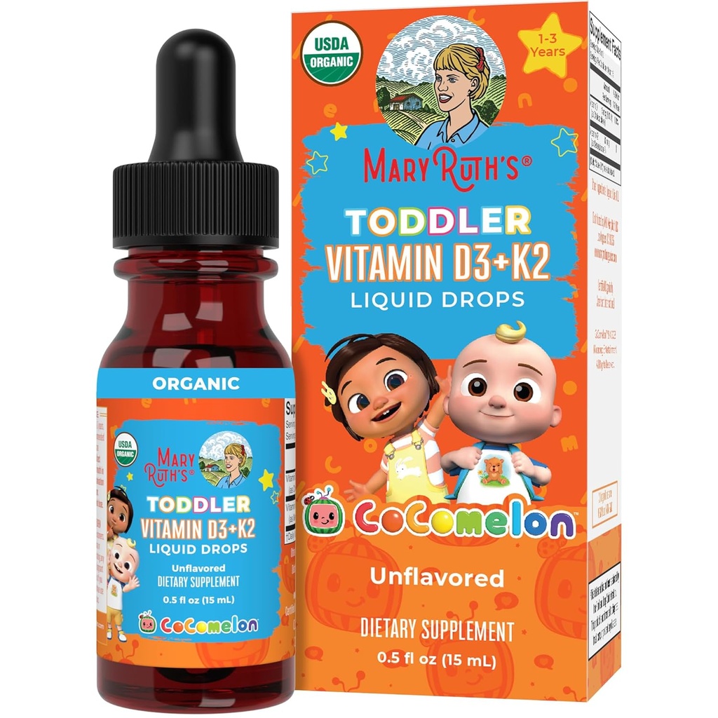 MaryRuth Organics CoComelon Vitamin D3 K2 Toddlers用液体ドロップ | ビタミンK2 D3 乳幼児用サプリメント 1-3 | カルシウム吸収 | 強力な骨 | USDA オーガニック | 砂糖無料 | 15 mL