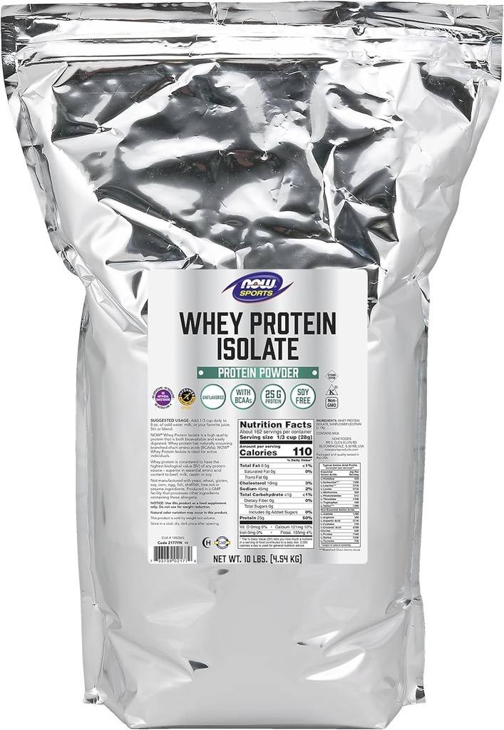 NOW Foods Sports Nutrition, Whey Protein Isolate, 25 g With BCAAs, Unflavored Powder, 10-Pound