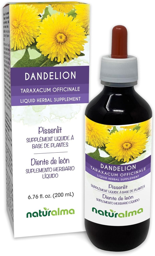 Naturalma Dandelion (Taraxacum officinale) ルートとハーブ アルコールフリー チンキ - 6.76 fl oz 液体エキス ドロップ - ハーブ サプリメント - ビーガン