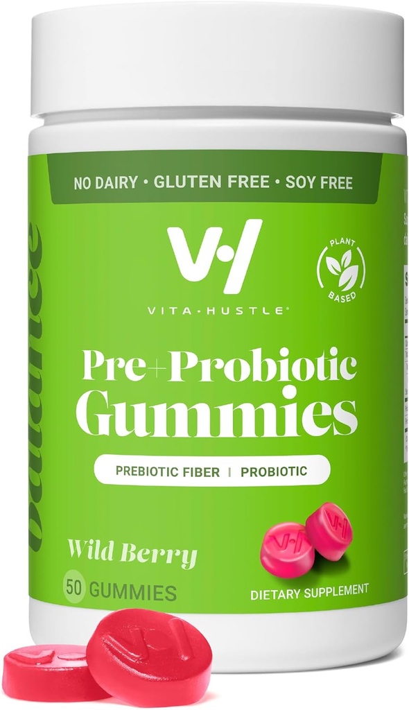 VitaHustle Pre + Probiotic Gummies, ビーガン, 腸の健康, 消化, 膨満感, 救済, 免疫サポート, 低砂糖, 植物ベースの, 非GMO, ベリー風味, 50 カウント