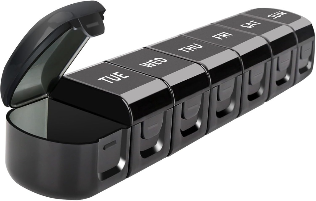 毎日の丸薬のオルガナイザー、7つのコンパートメントの取り外し可能な薬箱の容器、黒、旅行サイズのビタミンのプランナーの補強剤、薬、魚油、補足のための携帯用餌の貯蔵7日のホールダー