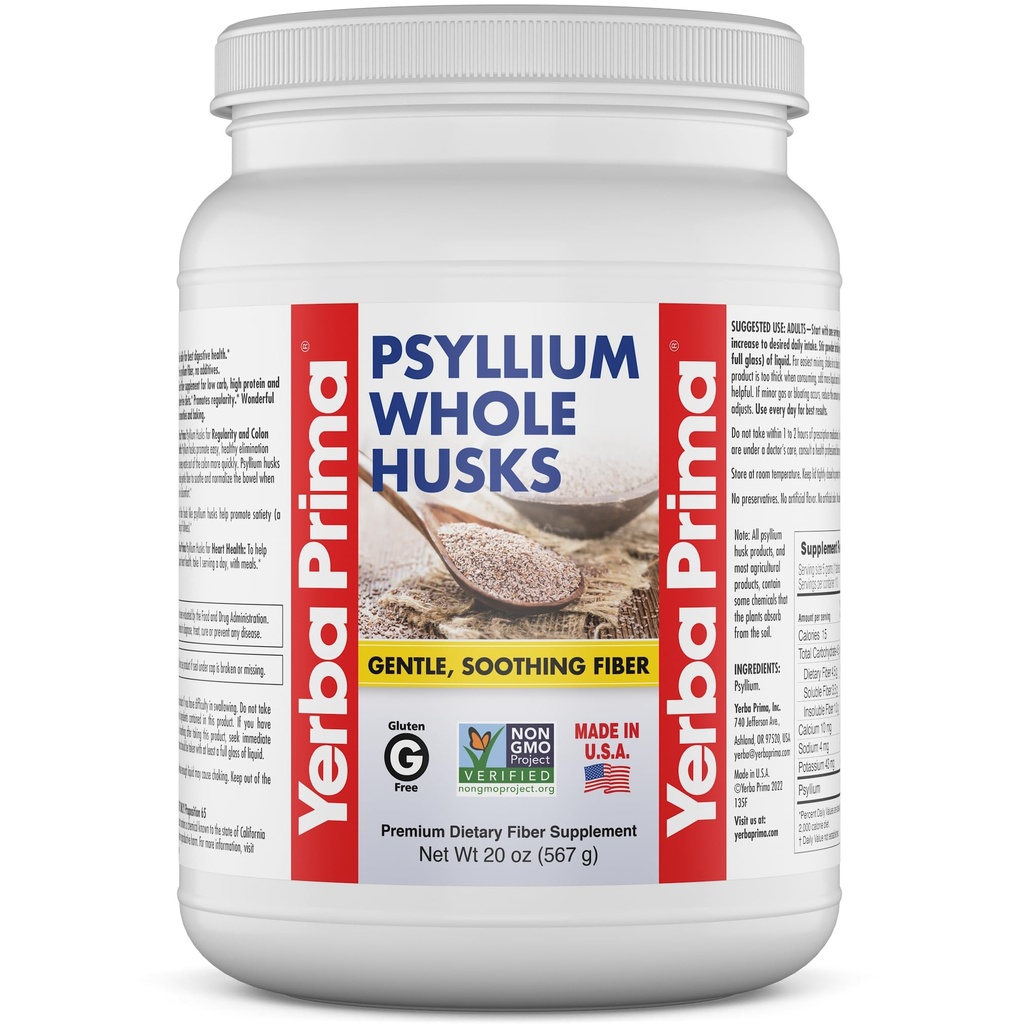 Yerba Prima Psyllium 全ハスク繊維サプリメント - コロンクレンズ - 腸の健康 - ビーガン非GMOグルテンフリー - 20oz