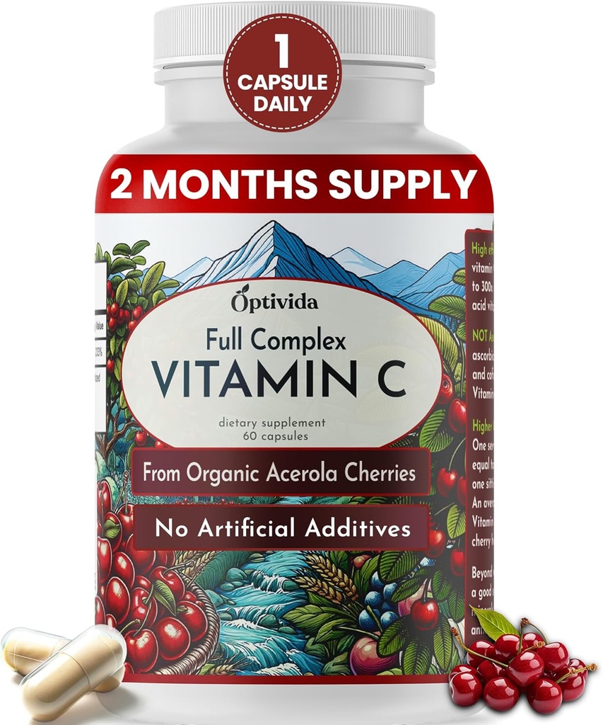 OPTIVIDA Plant Based Natural Acerola Cherry Vitamin C Capsules | 60 Count | Organic Vitamin C | Non Ascorbic Acid Vegan Supplement for Immune Support, Healthy Skin & Joints