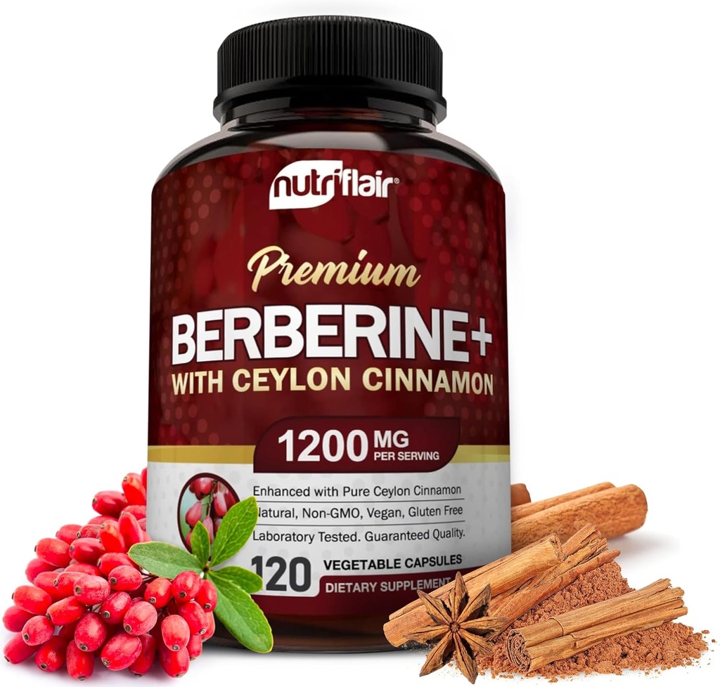 NutriFlair Premium Berberine HCL 1200mg、120カプセル - プラス純粋な真のCeylon Cinnamon、Berberine HCI Rootは丸薬を補います - 免疫システム - 最適8% HCl