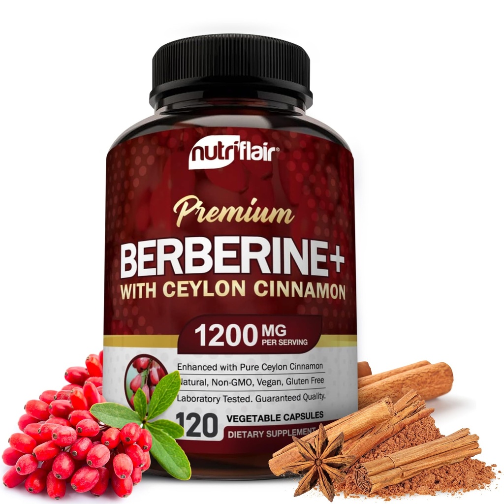 NutriFlair Premium Berberine HCL 1200mg、120カプセル - プラス純粋な真のCeylon Cinnamon、Berberine HCI Rootは丸薬を補います - 免疫システム - 最適8% HCl