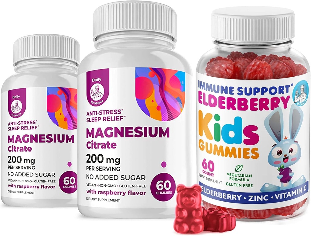 子供のためのエルダーベリーグミーとマグネシウム200mgグミー砂糖フリー - 健康な免疫システムブースターと健康サポート エルダーベリー抽出物と 子供と大人の砂糖無料
