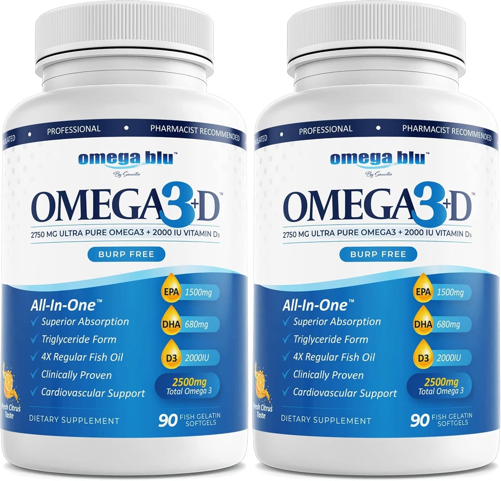 トリプル強さの薬剤の等級の魚油2750mg -ビタミンD3 50mcg - 1500mg EPA - 680mg DHA -中心- Cholesterol - LDL - HDL - BurpsかHeartburn -高い集中 - 90のサービング無し
