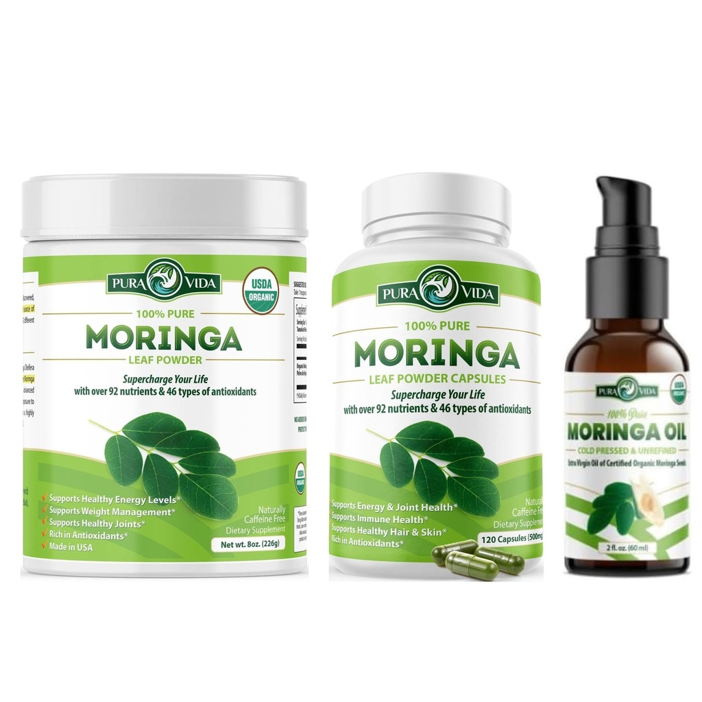 PURA VIDA MORINGAの粉8のozのカプセル(120の計算)および有機性Moringaオイル(2flのoz)
