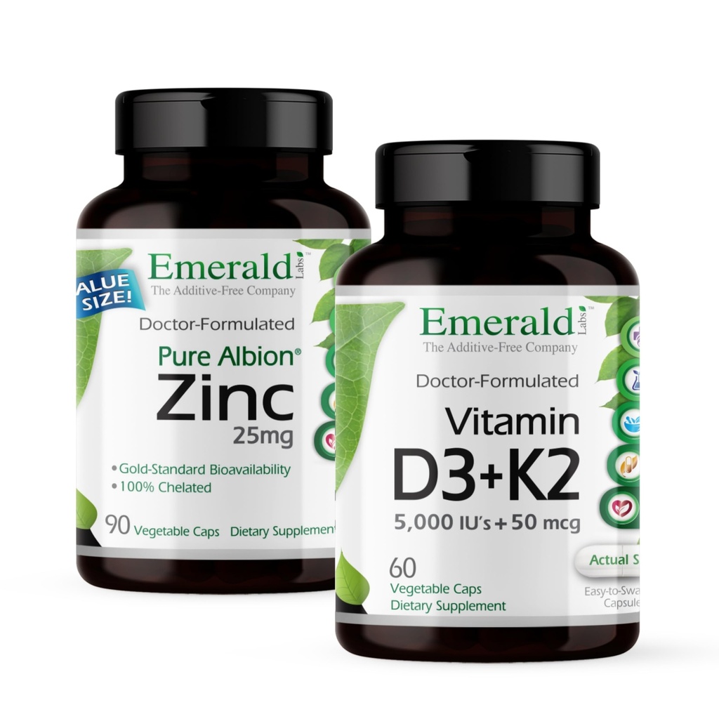 EMERALD LABSビタミンD3 + K2(60キャップ)&亜鉛25mg(90キャップ) - 骨の健康、心臓サポート、免疫サポート、消化の健康、酸化ストレスサポート - グルテンフリー