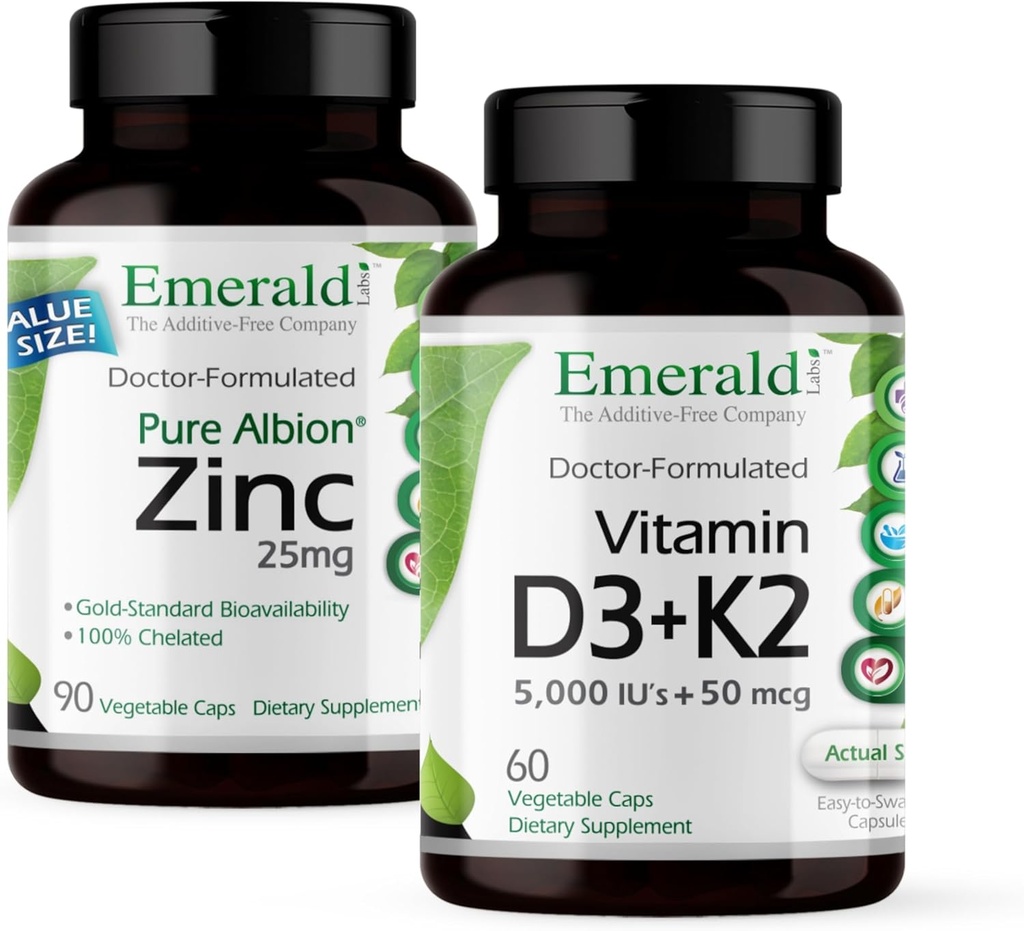 EMERALD LABSビタミンD3 + K2(60キャップ)&亜鉛25mg(90キャップ) - 骨の健康、心臓サポート、免疫サポート、消化の健康、酸化ストレスサポート - グルテンフリー