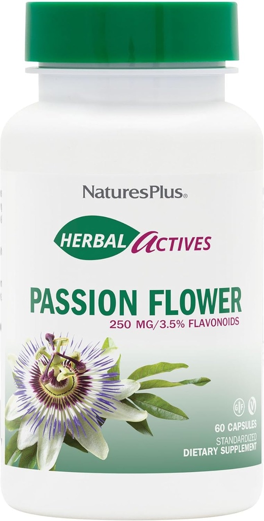 Natures Plus Herbal Actives Passion Flower - 250 mg、60ビーガンカプセル - ベジタリアン、グルテンフリー - 60のサービングを促進