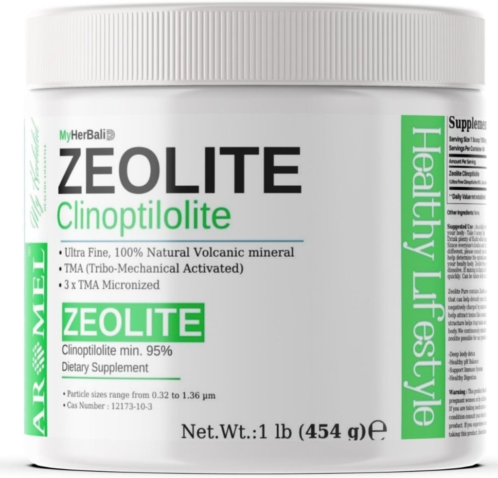 Zeolite Powder | 1 Pound - 454 g | Ultra FINE Less-Than 1 µm | Clinoptilolite 95% | 3X Activated | Safe, Gentle, & Effective Energy | Original Zeolite Powder (454 Servings) | Myherbalid