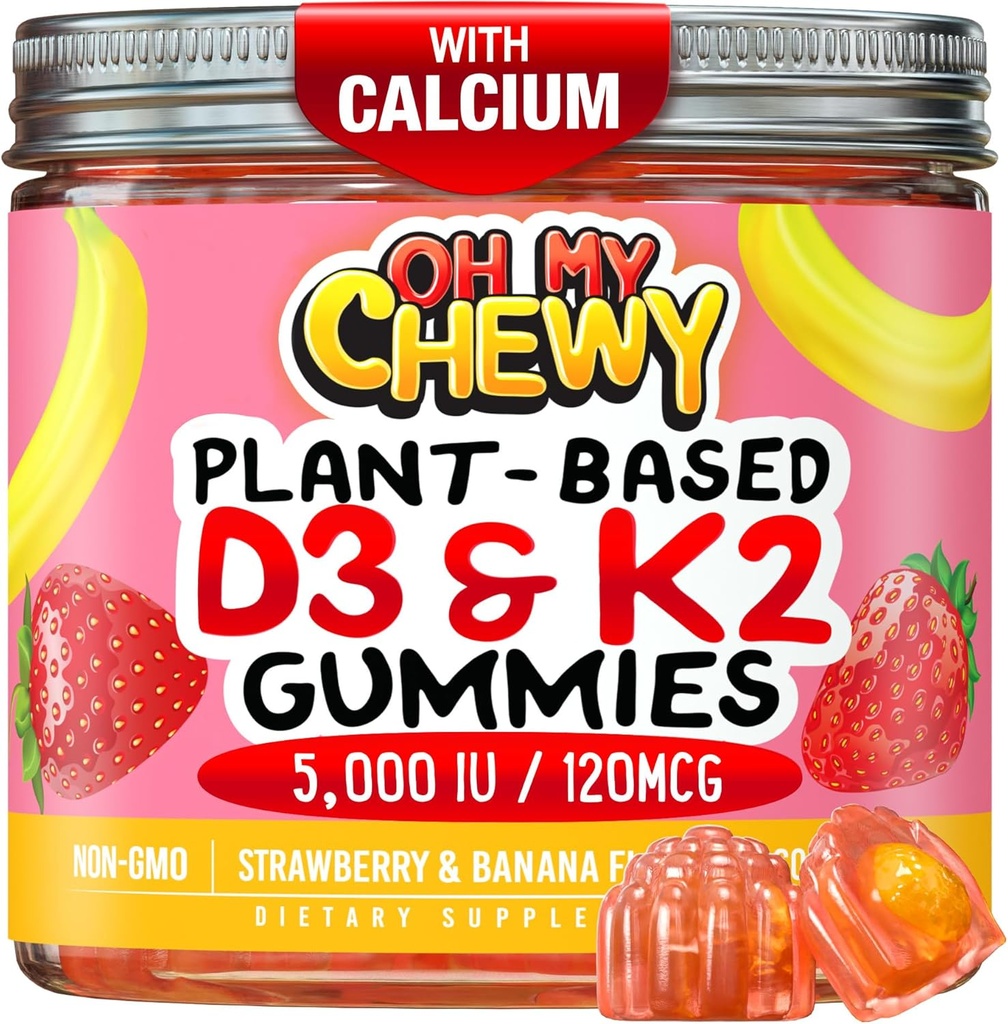 Center-Filled Vitamin D3 K2 Gummies - Kids, Teens & Adults - Supplement for Healthy Teeth, Bone, Energy & Immunity - 5000 IU D3, 120 mcg K2(MK-7), 120 mg Calcium - Vegan & Non-GMO - 120 Count