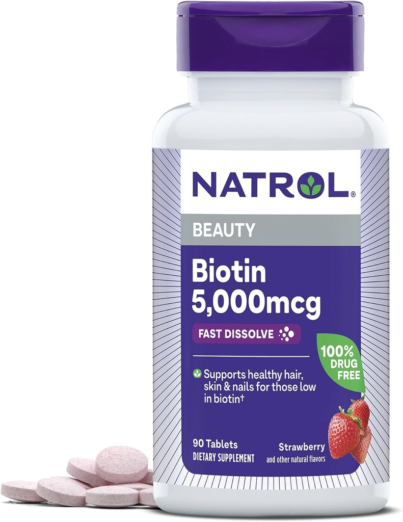 Natrolの美のビオチン5000mcgの健康な毛、皮、釘およびエネルギー代謝、90のいちご風味付けされた速い分解のタブレット、90日の供給のための食事療法の補足