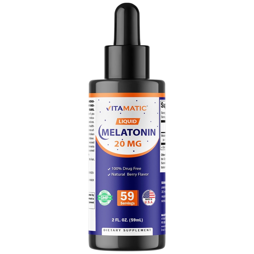 Vitamatic Melatonin 20mg 液体ドロップ – 2 液量オンス (59ml) – 天然ベリー風味 – 大人のため – 非GMO – ベジタリアンサプリメント