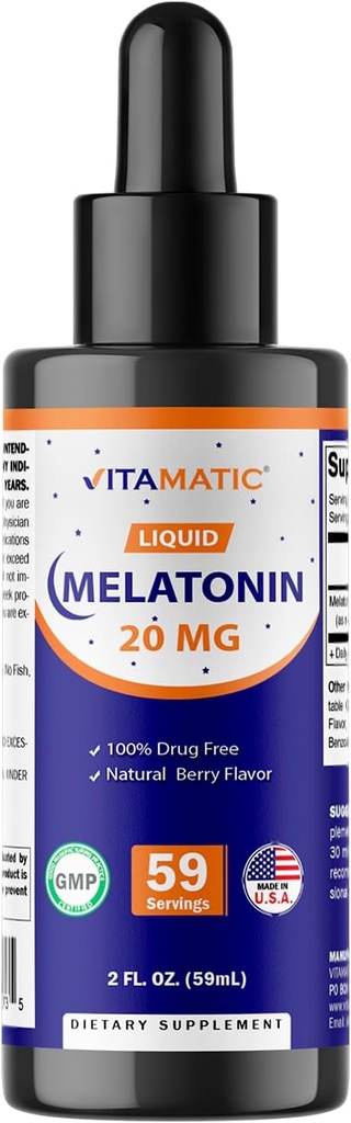 Vitamatic Melatonin 20mg 液体ドロップ – 2 液量オンス (59ml) – 天然ベリー風味 – 大人のため – 非GMO – ベジタリアンサプリメント
