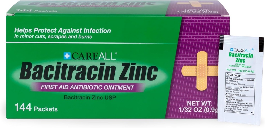 CareAll Bacitracinの抗生物質亜鉛軟膏(144のパック)、0.9grホイルのパケット。 マイナーカット、スクレイプ、バーンの感染を防ぐ最初のエイド軟膏