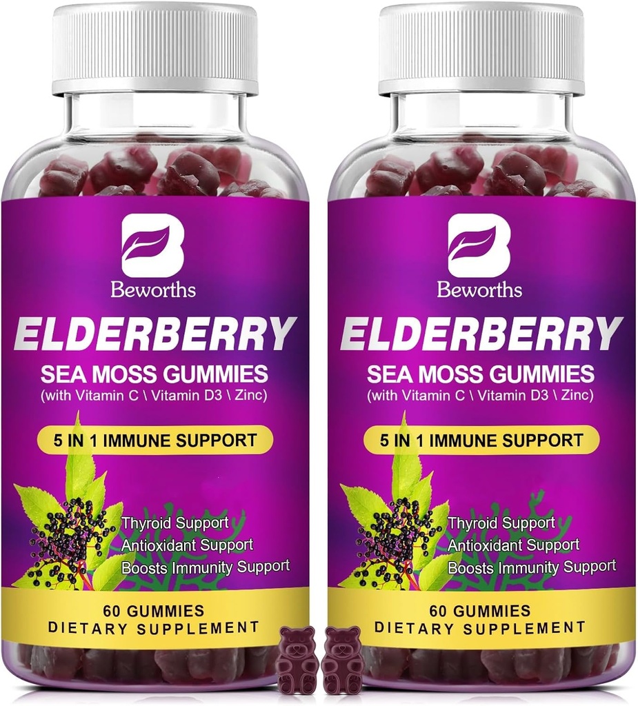 (2パックエルダーベリーグミー&アイリッシュシーモス、シーモス、亜鉛、ビタミンC、D3、マルチビタミンElderberryビタミン - 砂糖フリー