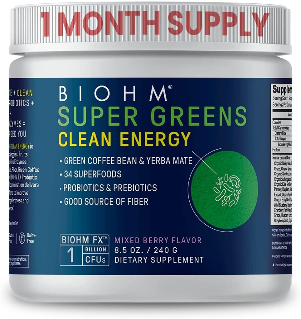 BIOHMスーパーグリーンクリーンエネルギー、グリーンスーパーフードパウダー(8.5オズ、30サービング)は、グアットヘルス&コグニション、34ナチュラルフルーツ、プレバイオティクス、プロバイオティクス&酵素による野菜&ハーブエキスをサポート