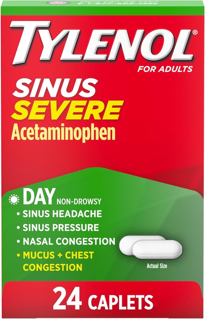 TylenolのSinus Severeの昼間の風邪及びFluの救助の薬の小冊子、非眠気の痛みのReliever、熱心な減力剤及びDecongestant、Acetaminophen、Guaifenesin及びPhenylephrine HCl、24のct