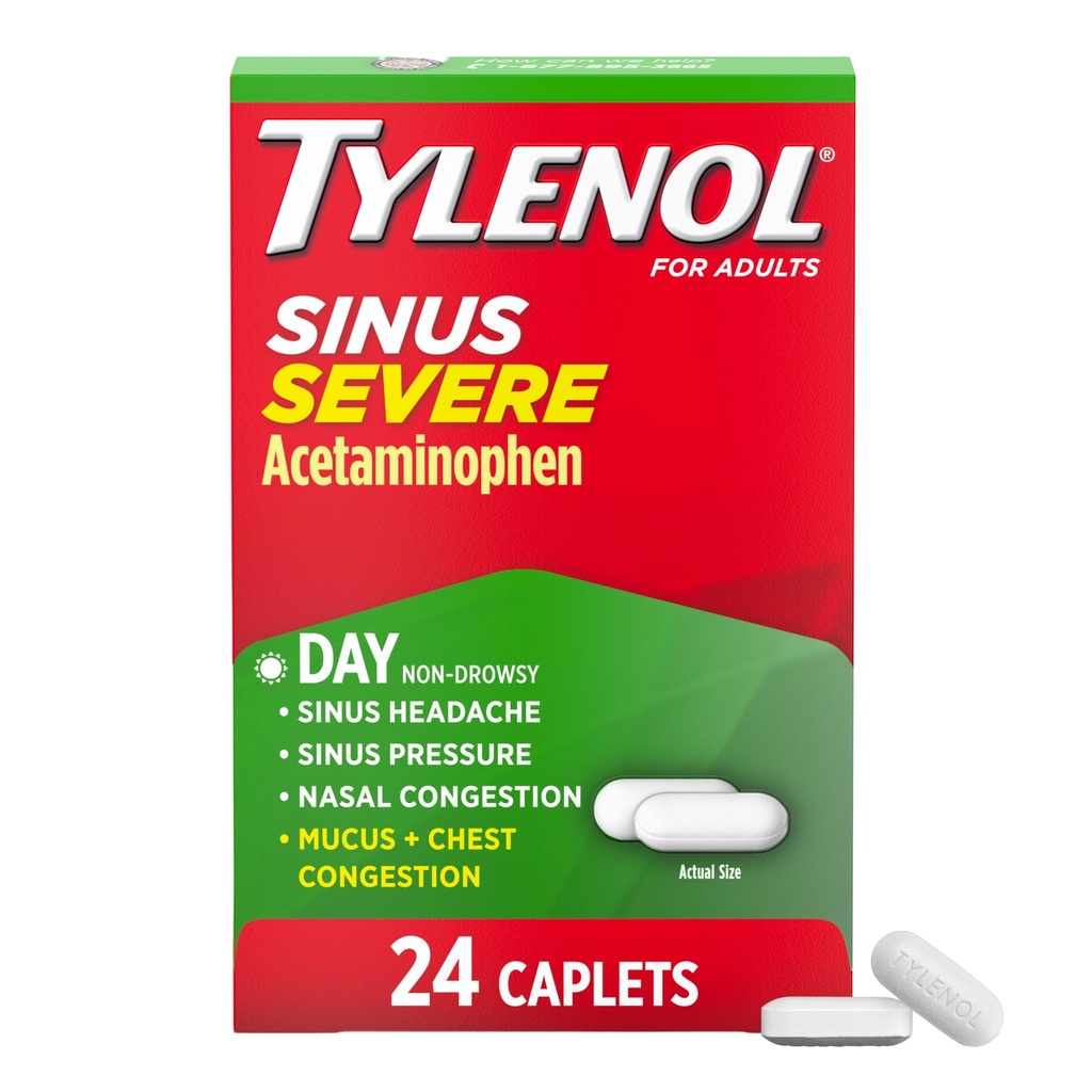 TylenolのSinus Severeの昼間の風邪及びFluの救助の薬の小冊子、非眠気の痛みのReliever、熱心な減力剤及びDecongestant、Acetaminophen、Guaifenesin及びPhenylephrine HCl、24のct