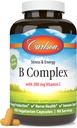 Carlson - B Complex Balanced B Vitamins with Vitamin C - Stress, Energy & Immune Vitamin B Complex for Women & Men - 180 Vegetarian Capsules