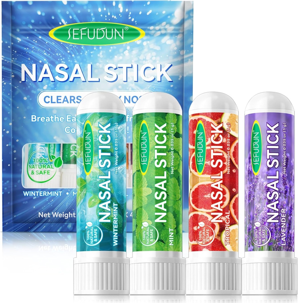 4PCS Nasal Stick,Nasal Inhaler Stick,Inhaler Nasal Stick for Sinus Relief&Vertigo Relief,Aromatherapy Inhaler Made with Essential Oils+Menthol (Mint,Wintermint,Tropical,Lavender)