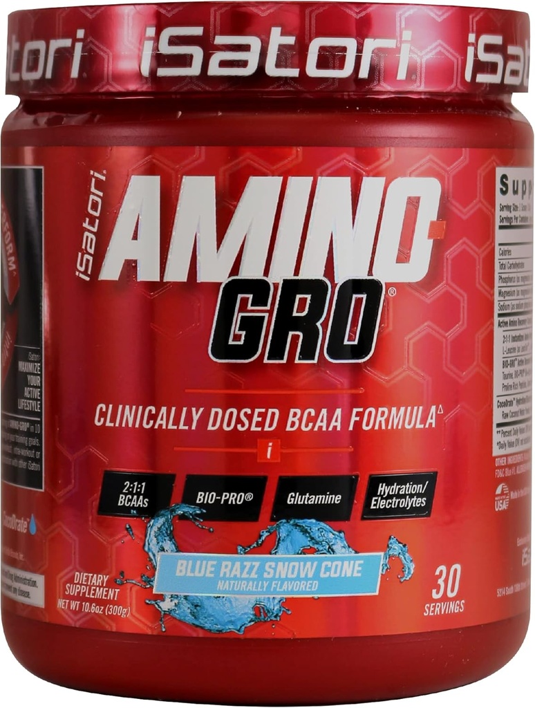 iSatoriのAmino-GRO BCAAの粉、グルタミン、電解質の粉及び筋肉成長及びポストのワークアウトの回復のための生物活動的なペプチッド、青いRazzの雪の円錐形(30のサービング)が付いている分岐させた鎖のアミノ酸