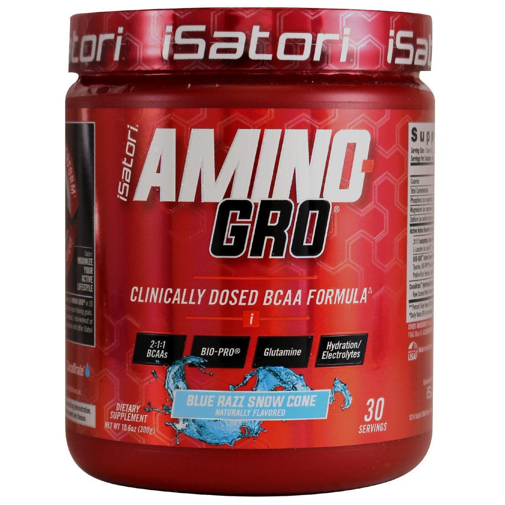iSatoriのAmino-GRO BCAAの粉、グルタミン、電解質の粉及び筋肉成長及びポストのワークアウトの回復のための生物活動的なペプチッド、青いRazzの雪の円錐形(30のサービング)が付いている分岐させた鎖のアミノ酸
