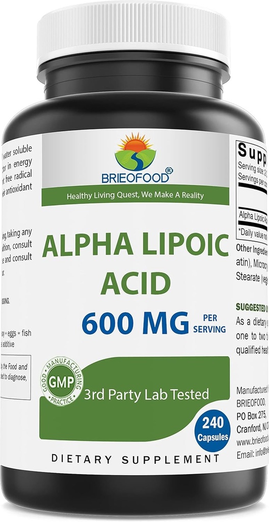 Brieofoodアルファリポ酸600mg/サービング- 240カプセル-非GMO、グルテンフリー