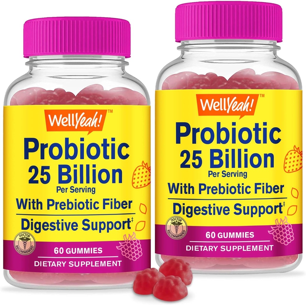 WellYeah (2 Pack 25 Billion Probiotics + Prebiotics for Men and Women Gummies - Digestive Support, Gut Health, Immune Support Gummy - Probiotics for Digestive Health with 12 Strains - 60 Gummies