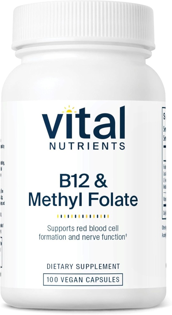 Vital Nutrients Vitamin B12 & Methyl Folate | ヴィーガン メチル化 Folate & B12 サプリメント | 5-MTHF Plus B12 神経系と代謝をサポート | グルテン、酪農場、大豆フリー | 100 カプセル