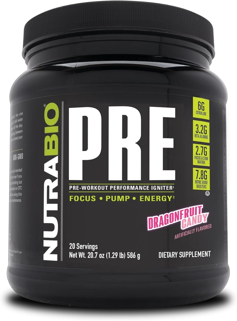 NutraBioプリワークアウトパウダー - 古いフォーミュラ - 持続エネルギー、メンタルフォーカス、耐久性 - Beta Alanine、クレアチン、カフェイン、電解物 - 20 サービング - ドラゴンフルーツキャンディ