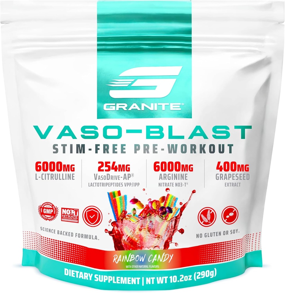 花こう岩はVasoの送風、虹のキャンデーの味、Grapeseedのエキス、Arginine Nitriteの人及び女性のための興奮剤なしのプレワークアウト、及びVasoDrive-APのための最高のポンプ(20のサービング)を補います