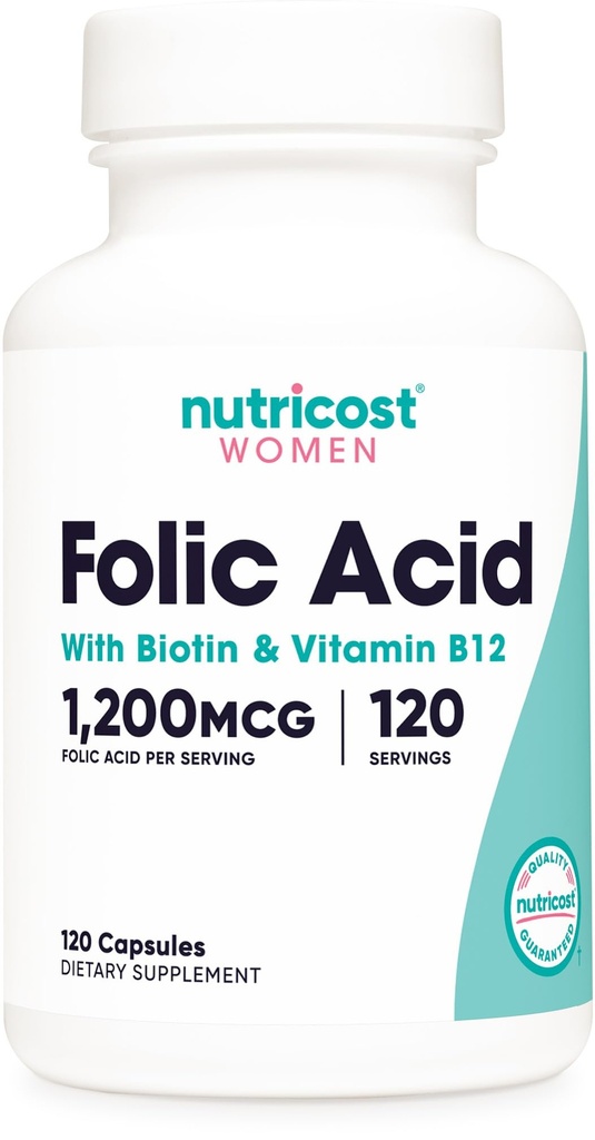 Nutricost Folic Acid for Women (Vitamin B9) 1200 mcg, 120 Capsules, with B12 and Biotin, Veggie Caps, Non-GMO & Gluten Free