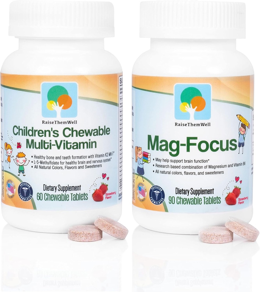 Raise Them Well Mag Focus | Maganesium Citrate & B-6 for Kids| Natural Strawberry Flavored Magnesium Focus Supplements and Great Tasting Chewable Multivitamin for Kids Bundle