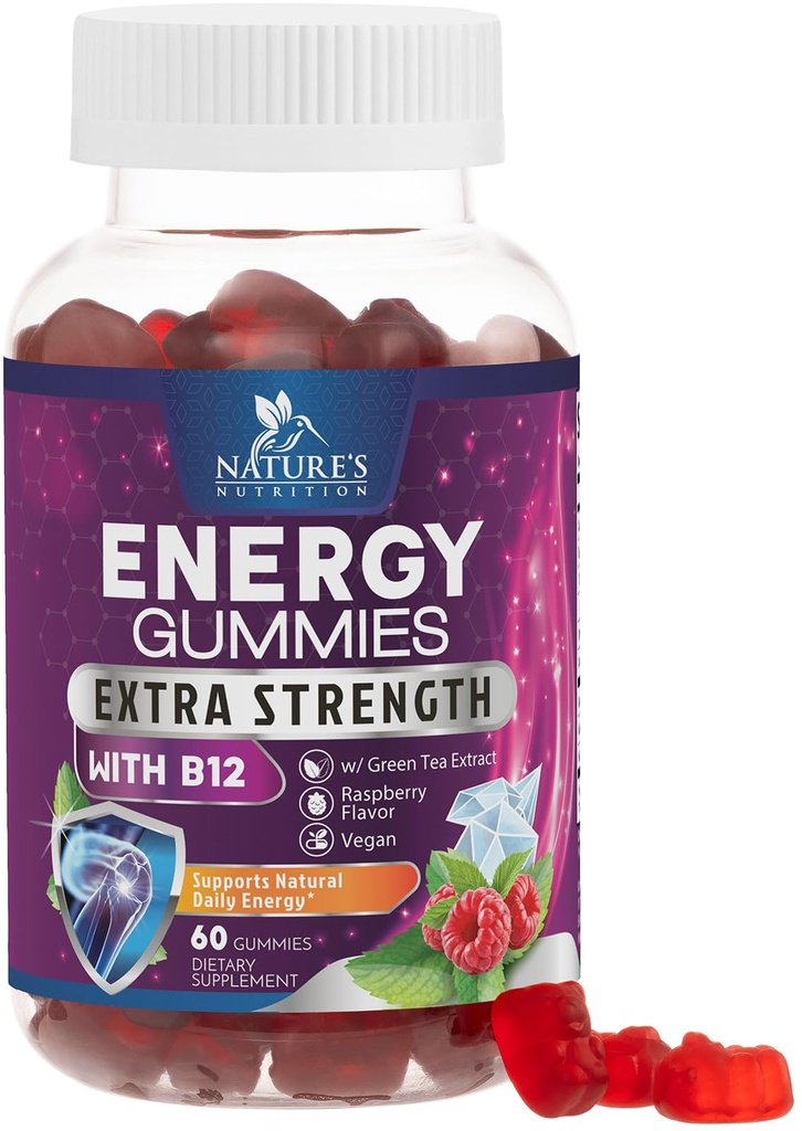 エネルギーグミー1000mcg - ビタミンB12、グリーンティーナチュラルカフェインサポート、毎日のエネルギーグミ - おいしいベリー風味B12サイクリング&スポーツを実行するための咀嚼サプリメント - 60咀嚼