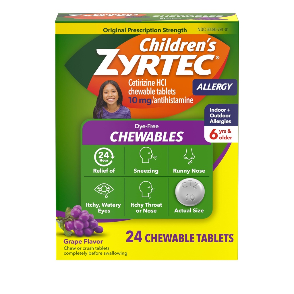 Zyrtecの24時間のアレルギー救助のための子供の染料なしのChewables、10のmg Cetirizineの塩酸塩のAntihistamineのタブレット、子供のアレルギーの薬はSneezing及びItchy Throat、ブドウ、24のctを取り除きます